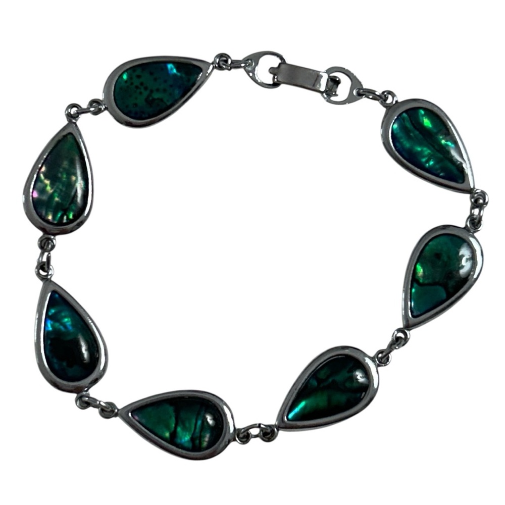 Abalone Shell Teardrop Green Blue Link Bracelet Silver  Tone Base Vintage